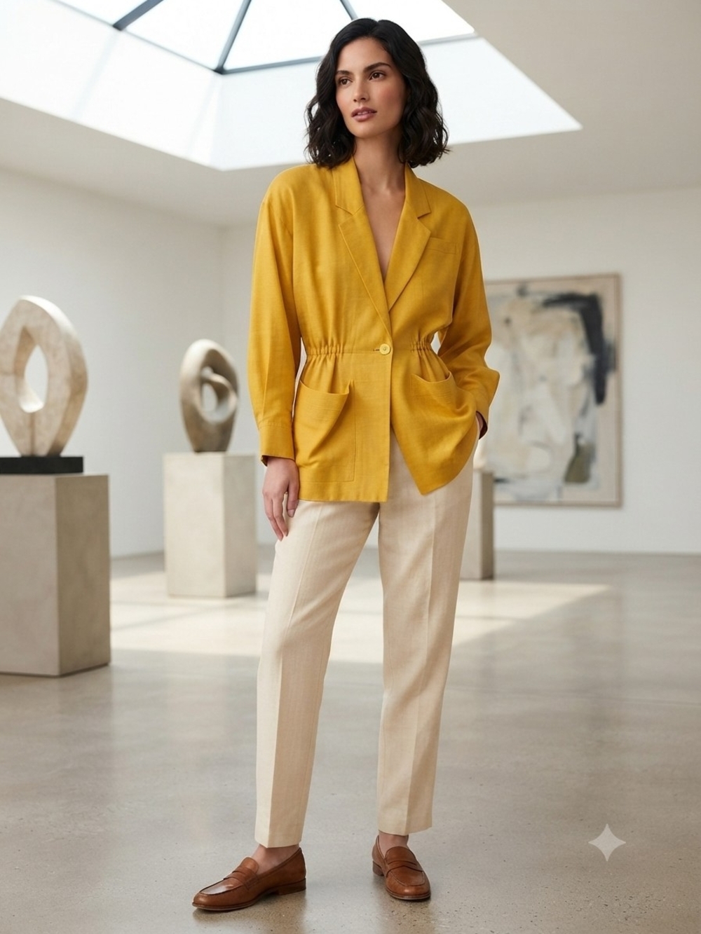 Anne Klein II Mustard Yellow Drawstring Waist Jacket 100% Silk Oversized XS